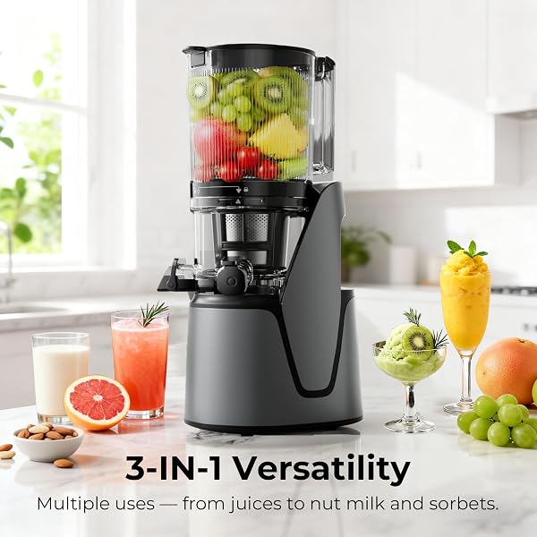 EANORUUS JUICER MACHINES, 3-IN-1 COLD PRESS JUICER WITH 6.5″ EXTRA LARGE CHUTE, 100OZ LARGE CAPACITY, AC MOTOR, MAKES JUICE, NUT MILK & SORBET, PREMIUM GRAY
