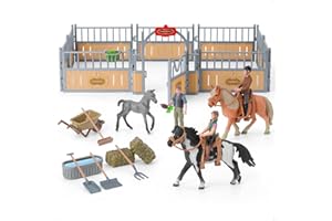 DuDuMo Horse Stable Playset, Horse Gifts for Girls and Boys with 3 Horses and 2 Riders, Horse Toys Set Farm Animals Toys for Kids 3 4 5 6 7 8+ (Horse Playset 1)