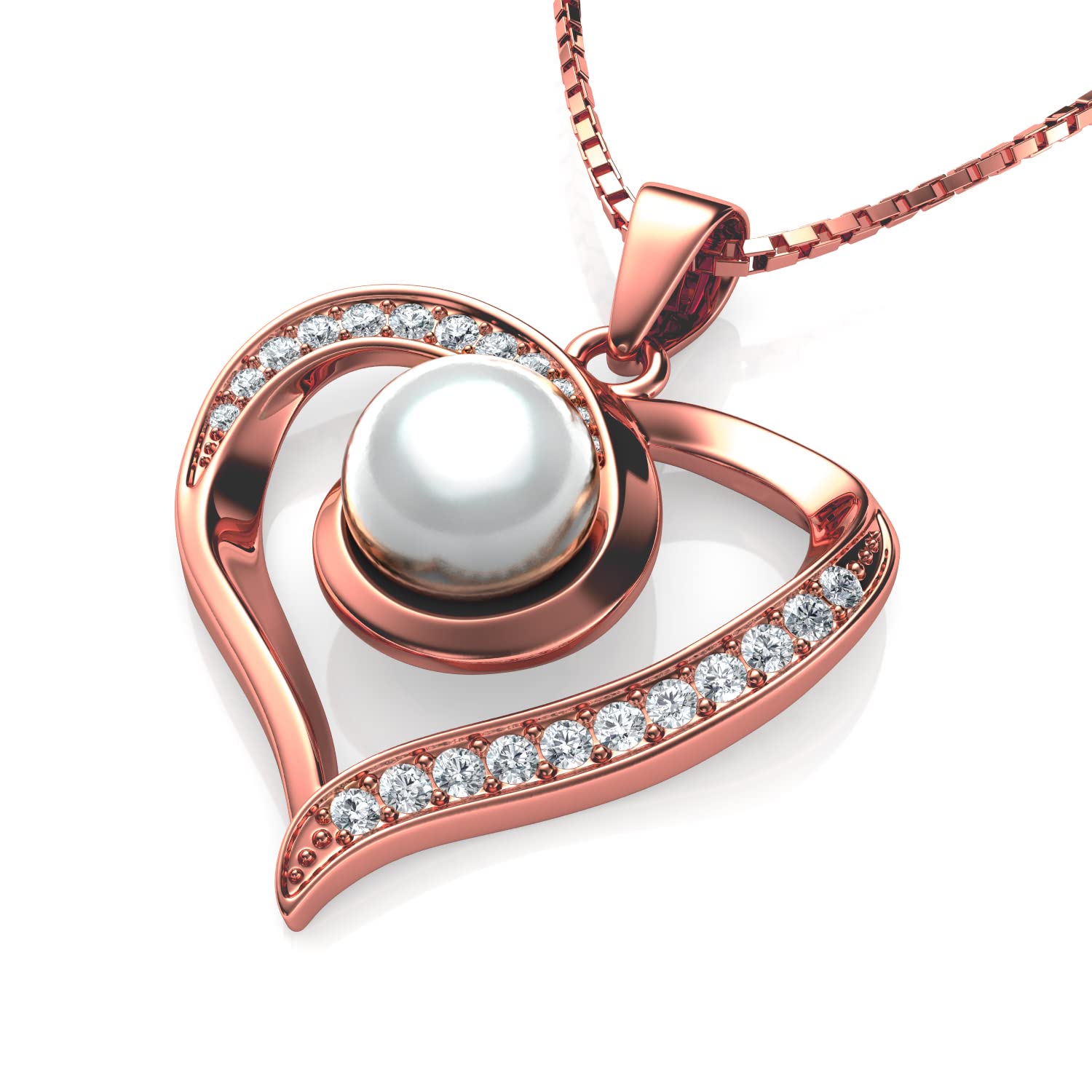 DEPHINI - Real Pearl Necklace - 925 sterling silver Heart Pendant - Cubic Zirconia - Rhodium Plated Jewellery for Women (Rose Gold Pearl)