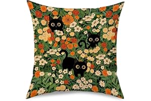 Floral Black Cat Pillow Covers 18x18 Inch, Colorful Wildflower Cat Decorative Pillows for Home Bedroom Living Room Office, Ca