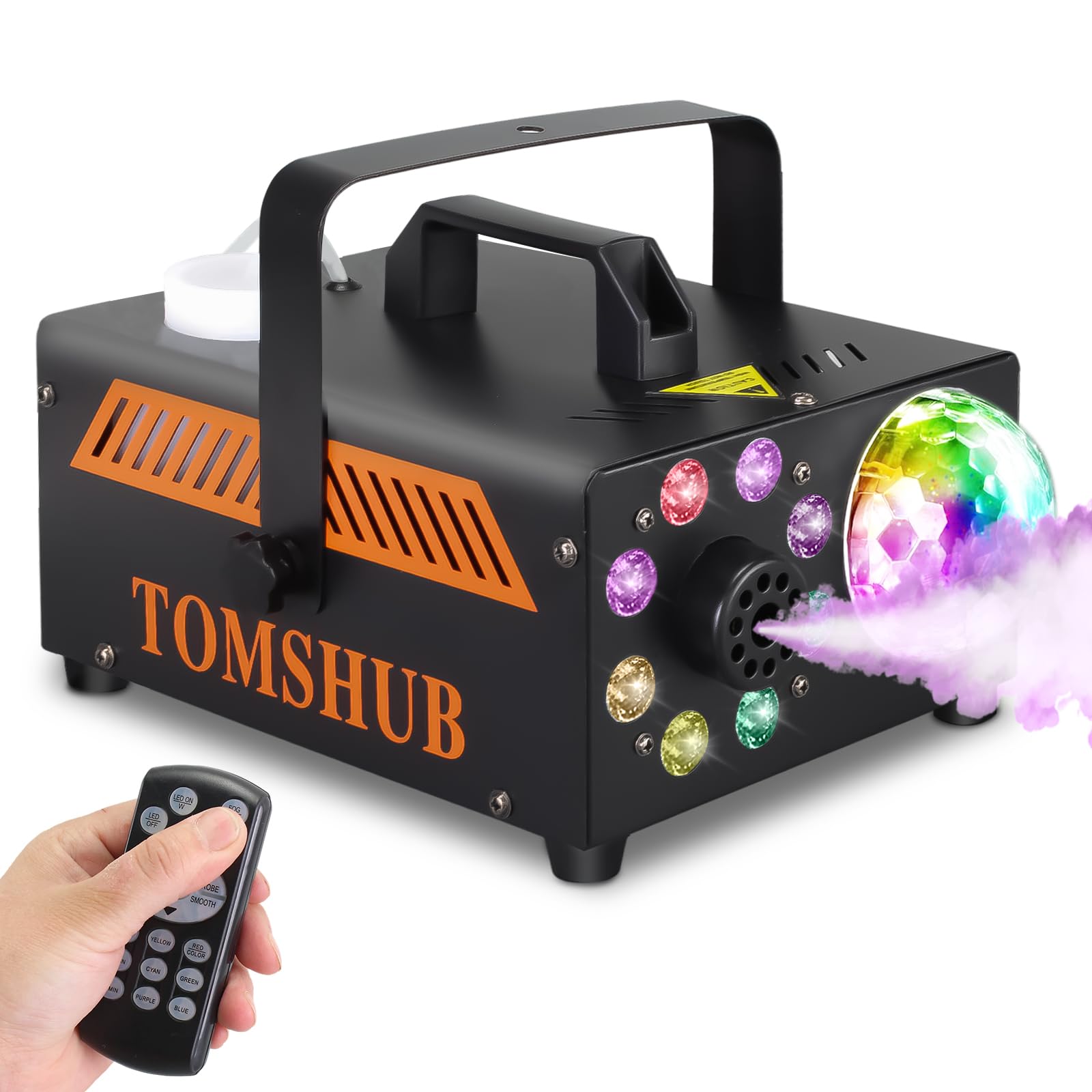 Photo 1 of TOMSHUB 600W Fog Machine with Disco Ball & 13-Color LED Lights, 2000CFM High-Output Smoke Machine, Wireless Remote, Auto Spray, for Halloween, DJ, Weddings, Parties (Fog Juice not Included)