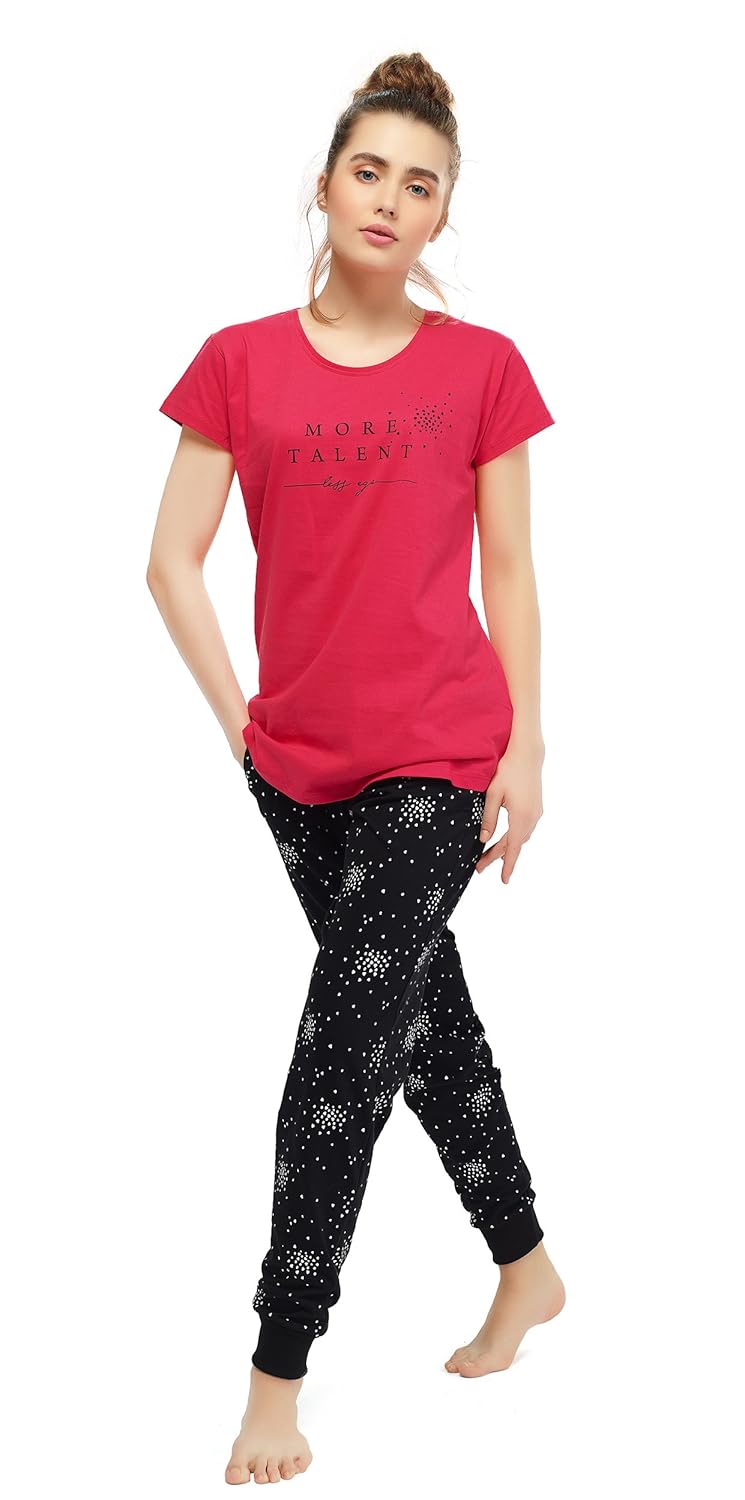 zeyo women&rsquo;s cotton hot pink black jogger night suit | night dress with small heart & dot print |half sleeve top and pyjama set