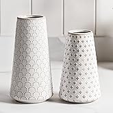 Ceramic Vase for Decor, 6 Inch+7.1 Inch White Flower Vase for Lego Flowers, Tulip and Pampas Grass, Embossed Farmhouse Vases for Centerpieces,Home Living Room Dining Table Office Decor, Arctic White