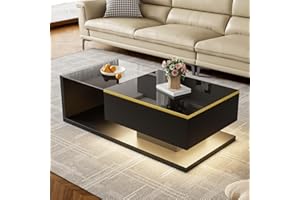 DKYNDSYN Modern Coffee Table with LED Lights, Black High Gloss and Matte Finish with Tempered Glass Top, Flip Down Door and O
