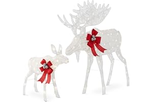 Best Choice Products 2-Piece Moose Family, Lighted Outdoor All-Weather Christmas Yard Decoration Light-Up Décor Set w/ 170 LED Lights, Ground Stakes, Zip Ties - White