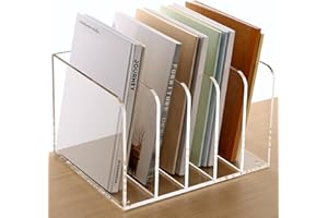SANRUI Acrylic File Organizer, Clear Magazine File Holder Desk Organizer for Office Organization and Storage with 5 Vertical Compartments, Desktop Bookshelf for Home Office Organization