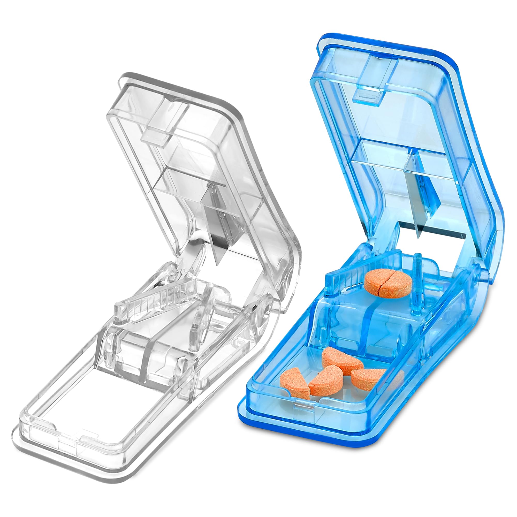 Pill Splitters - (Pack of 2) Pill Cutters with V- Grip for Small and Medication - Easily Cut Pills, Splitter | Cutter and Crusher with Pill Holder Case to Spli