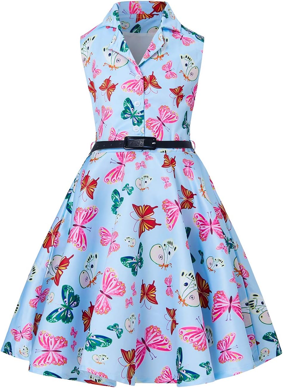 Spring Summer Girls Sleeveless A Line Vintage Retro Rockabilly Dress Evening Party Form Wedding Cocktail Ballet Occasion Swing Midi Floral Dresses with Belt