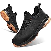 SPIEZ Safety Shoes for Men Women - Air Cushion Non-Steel Composite Toe, Lightweight Fashion Sneaker Design,Slip-On with Adjustable Laces, All-Day Protection, Black Orange US 6-13.5