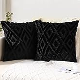 Pallene Spring Black Throw Pillow Covers 16x16 Set of 2, Soft Plush Faux Fur Decorative Couch Pillow Covers for Sofa Bed Living Room Pillow Cases with 3D Diamond Pattern