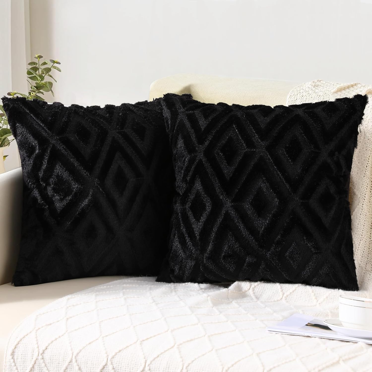 Pallene Black Throw Pillow Covers 20x20 Set of 2, Soft Plush Faux Fur ...