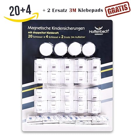 Hoffenbach Kindersicherung Schrank (20+4) magnetische Schranksicherung mit doppelter Klebekraft, Baby Schubladenschloss (20)