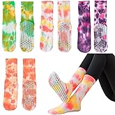 4 Pairs Women Yoga Socks with Grips,Tie Dye Non Slip Grip Crew Socks Colorful Grippy Socks for Barre Ballet Barefoot Workout 