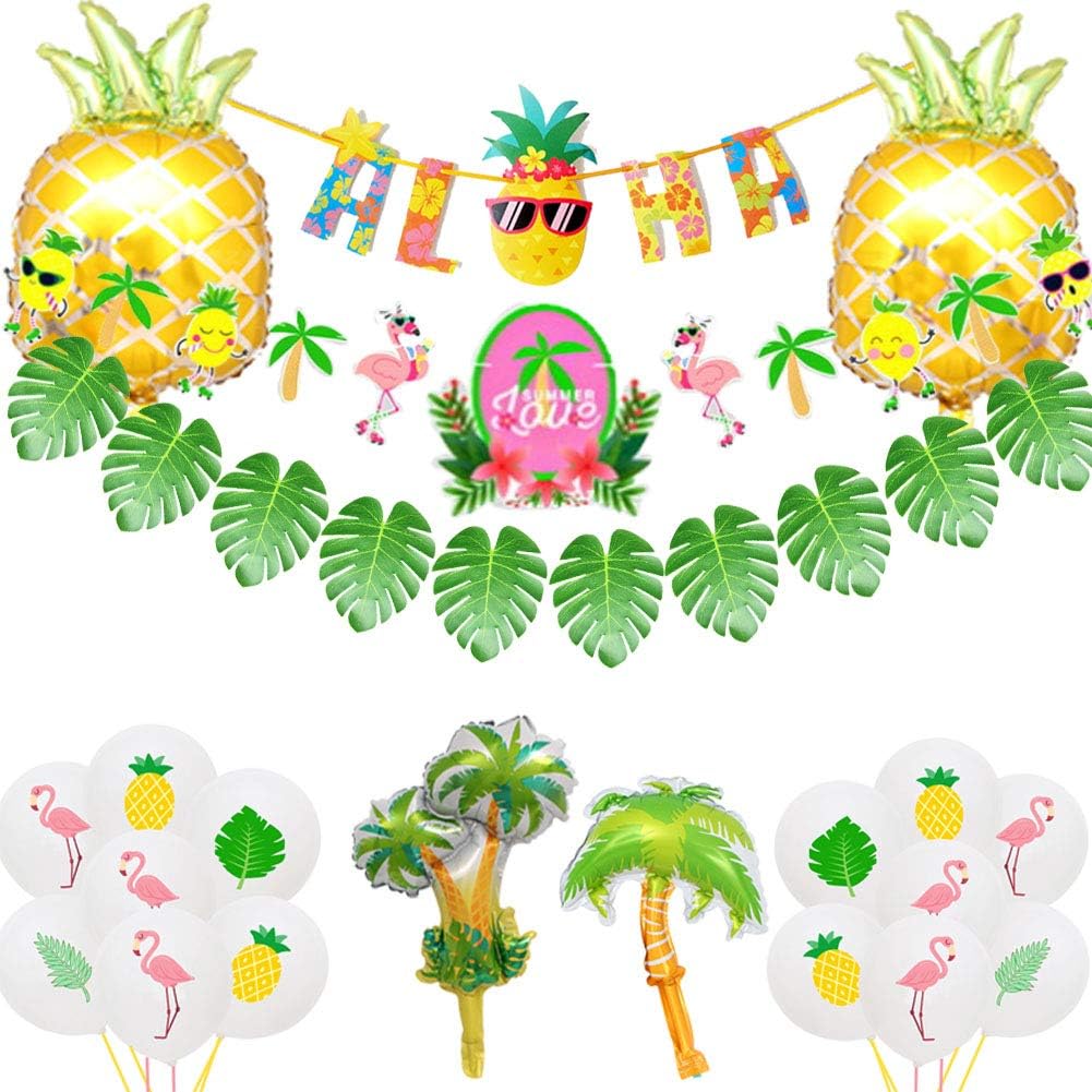 Jelacy Hawaiian Party Decorations Kit ,golden pineapple foil balloon & Aloha Banners,Flamingo Pineapple Banners and Coconut tree and palm tree balloon, Kids or Adults Luau Party Decorations and Party Supplies