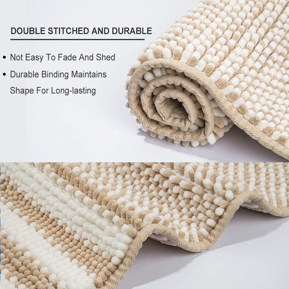 Bsicpro Chenille Bath Rug for Bathroom Shaggy Mat Shower Mats 32 x 21inch Super Non Slip Water Absorbent Carpet Stripe Pattern Plush Rugs for Tub, Shower, Bath Room (Khaki): Kitchen & Dining