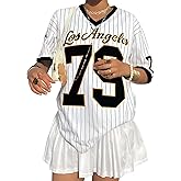 Oversized Jersey Shirts for Women V Neck Tshirt Striped Number Graphic Shirt Casual Y2k Streetwear Tee Tops