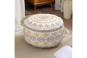 MOCOFO Unstuffed Round Pouf Covers Boho Colorful Geometric Ottoman Pouf Cover with Handle Design,Decoration Footstool for Living Room,Bedroom,Patio (Yellow,18x18x8)