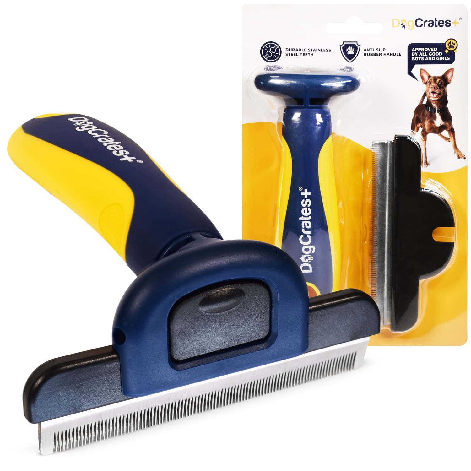 DogCrates+ Professional Deshedding Tool and Pet Grooming Brush for Small, Medium, and Large Dogs and Cats with Short or Long Hair