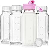 4 Pack 16 Oz Square Glass Bottles with A Silicone Dispenser Cap, Juice Bottles with Airtight Screw Lid, Glass Water Bottles w