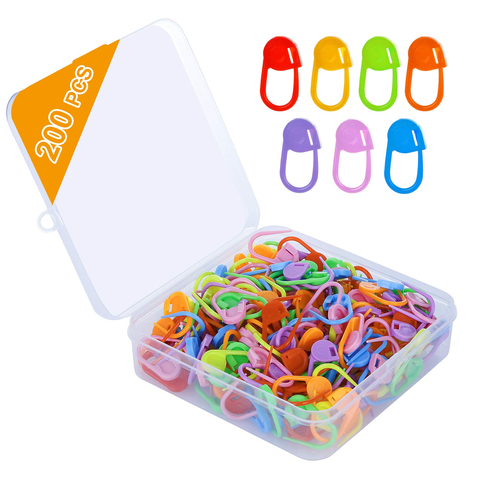 HDONG 200 PCS Crochet Markers, Premium Knitting Stitch Markers, Mix Colors Crochet Stitch Markers of Locking Counter Needle Clip, Crochet Pin Set with Plastic Case.