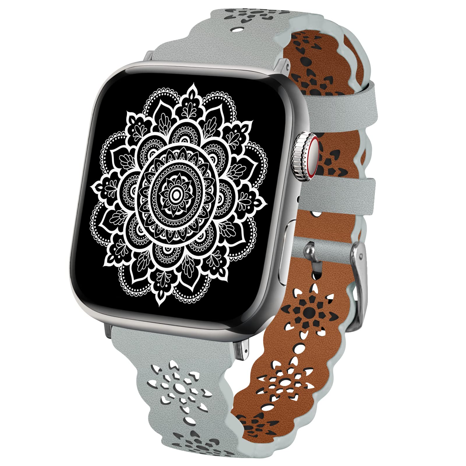 TopPerfekt Lace Leather strap Compatible Apple Watch 38mm 40mm 41mm Women Ultra Thin hollow out Breathable Leather strap Classic Clasp for iWatch Collection Ultra SE 8 7 6 5 4 3 2 1 grey