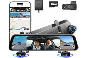 Mercylion 12''Rear View Mirror Camera,4 Channel Mirror Dash cam Front and Rear 24/7 Recording,Dash Camera for car Trucks,Built-in 5.8GHz WiFi,GPS,8 IR LED Night Vision,Free 128GB SD Card