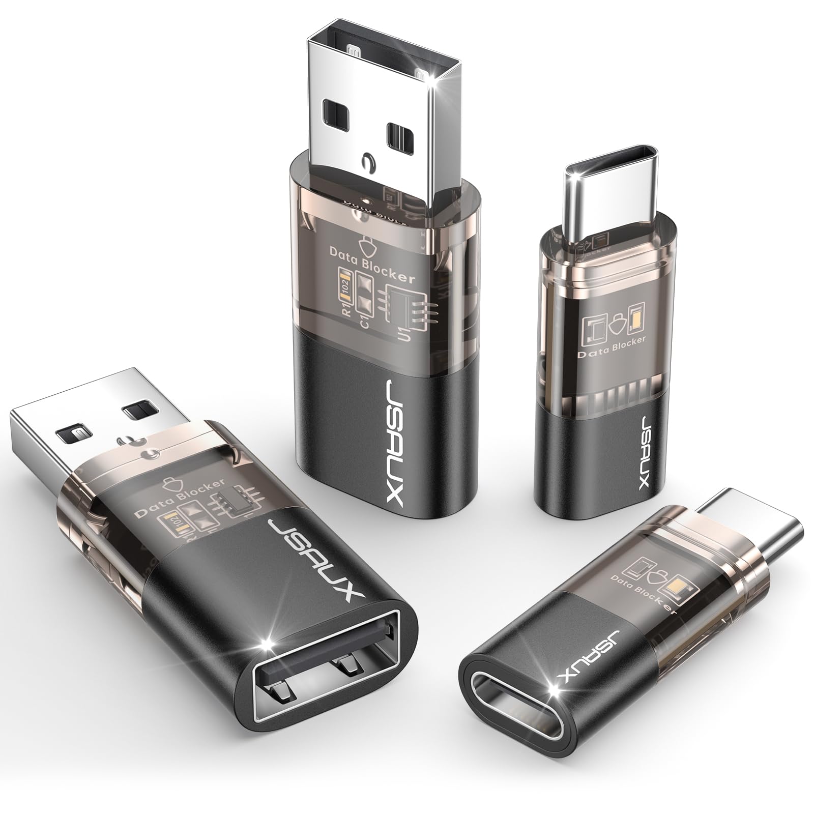 JSAUX USB Data Blocker & USB C Data Blocker (4-Pack), Transparent Type A & Type C Data Blocker Only for Charge, Protect Against Juice Jacking, Prevent Hacking for Safe Charging, Black