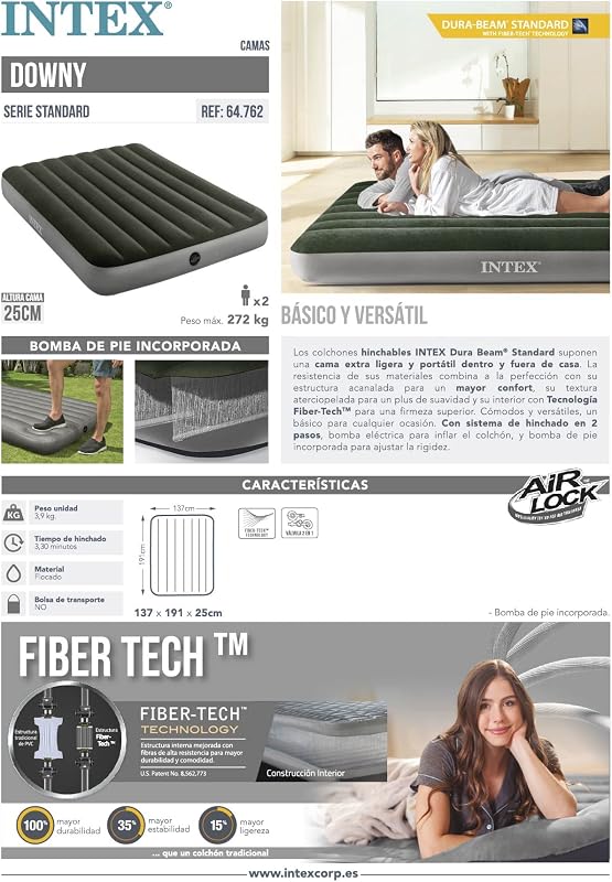 64762 - Colchão insuflável de 2 lugares com bomba de pé Fiber-Tech Downy, mede 137 x 191 x 25 cm