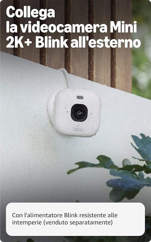 Videocamera Mini 2K+ Blink (ultimo modello) | Videocamera di sicurezza domestica con alimentatore plug-in, risoluzione video 2K, zoom 4x, visione notturna a colori | 2 videocamere – Bianche