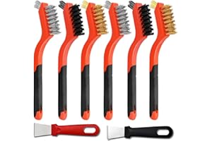 BEZQNIQ 8 Pack Small Wire Brush Set for Cleaning with Scrapers, 2 Stainless Steel, 2 Brass, 2 Nylon Detail Cleaning Brushes and 2 Handled Scrapers for Rust, Grill Grates, Auto Parts, Kitchen & Bathroom