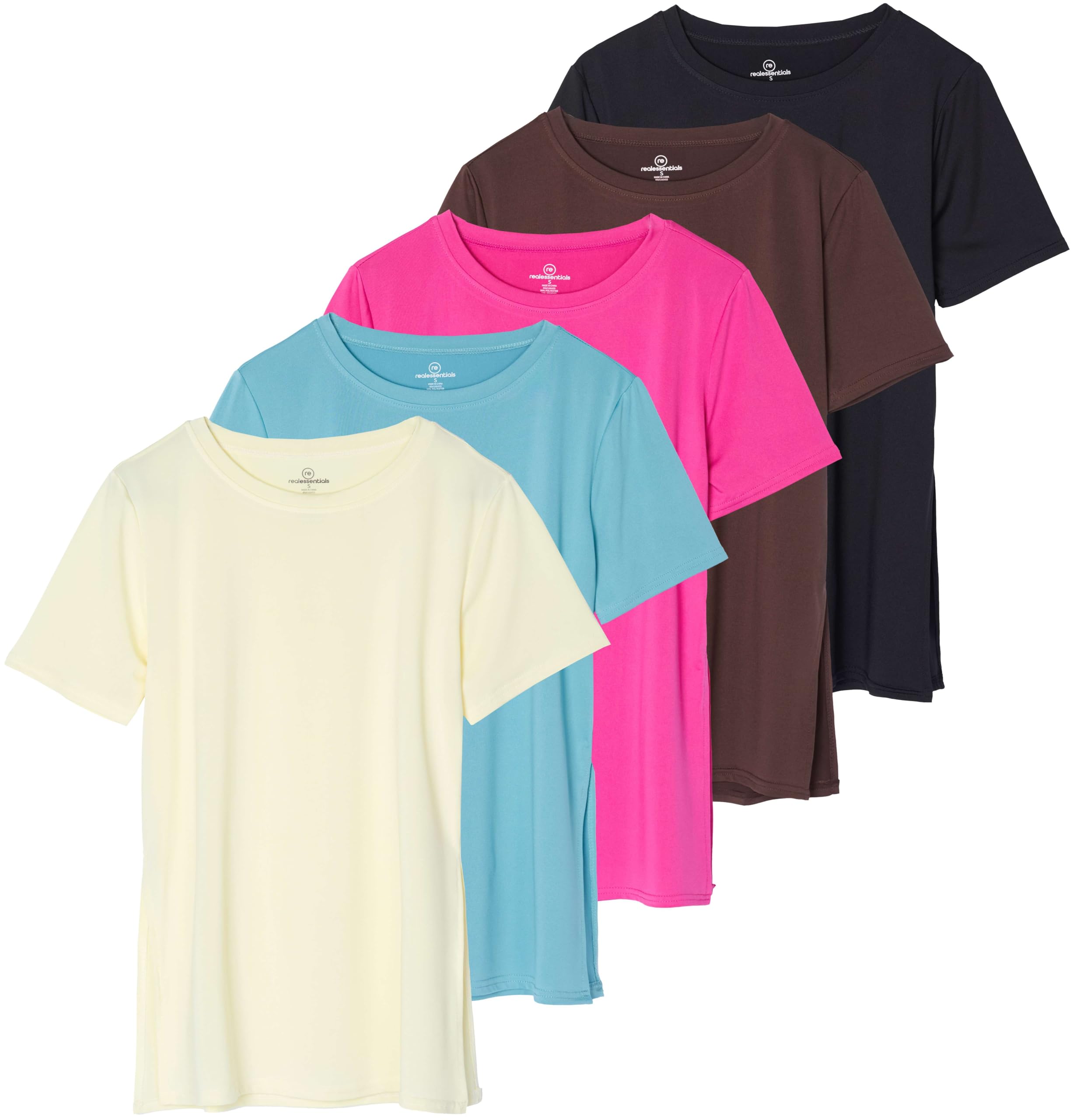 Photo 1 of *** 1 missing***Real Essentials 5 Pack: Women's Short Sleeve Active Workout T-Shirts - Dry Fit Gym Tops with Split Hem (Plus Sizes), Set 3, Large