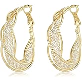 Hius 18K Gold Plated Filigree Earrings for Women, Chunky Gold Twisted Hoop Earrings, Disco Earrings for Women，Cubic Zirconia Hoop Dangle Elegant Earrings