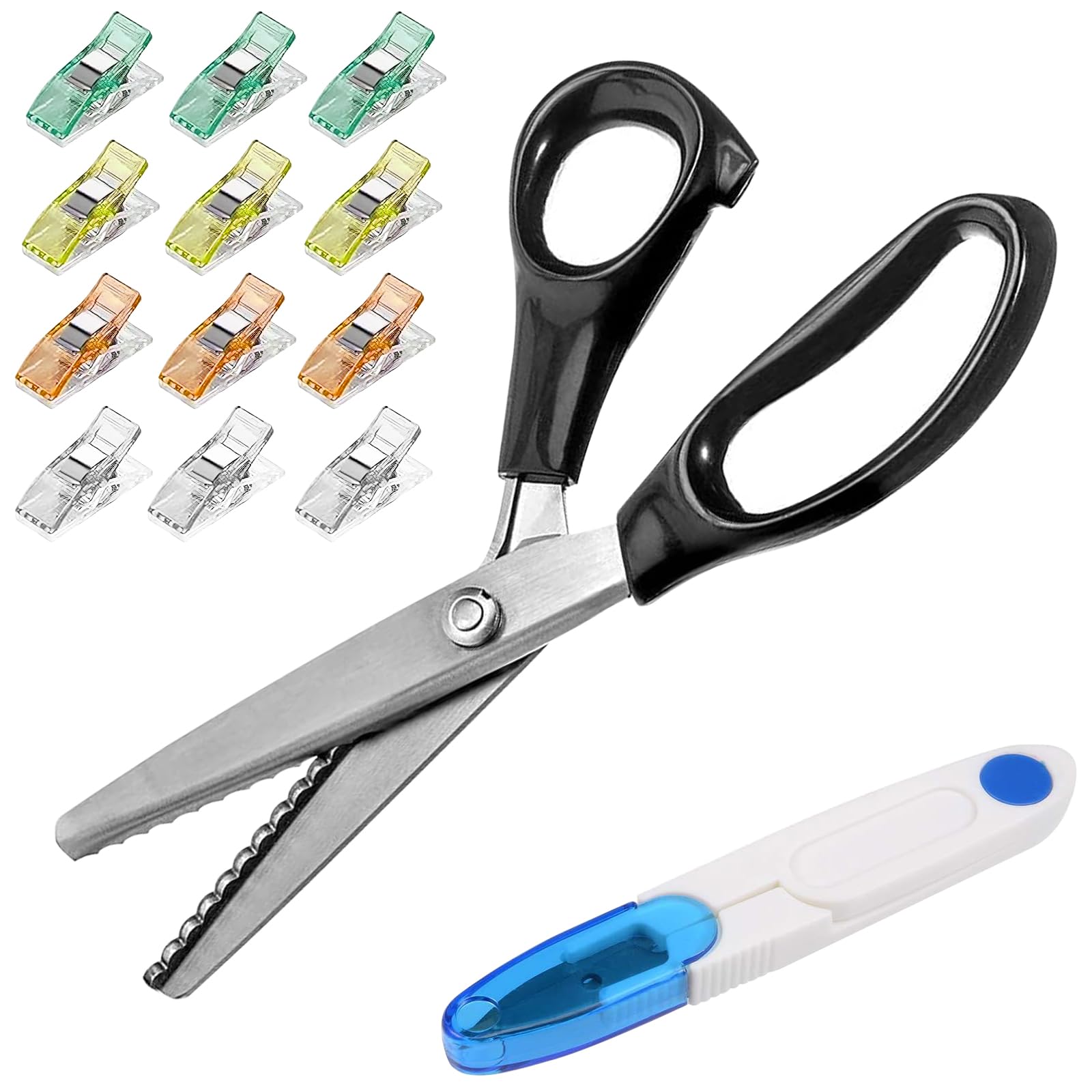 Fabric Scissor Set, Professional Dressmaking Scissors, Black Wavy Edge Craft, Comfort Grips Handled, Zig Zag Scissors with 12 Sewing Clips for Fabric and Blue Wire Cutters (Style 2)