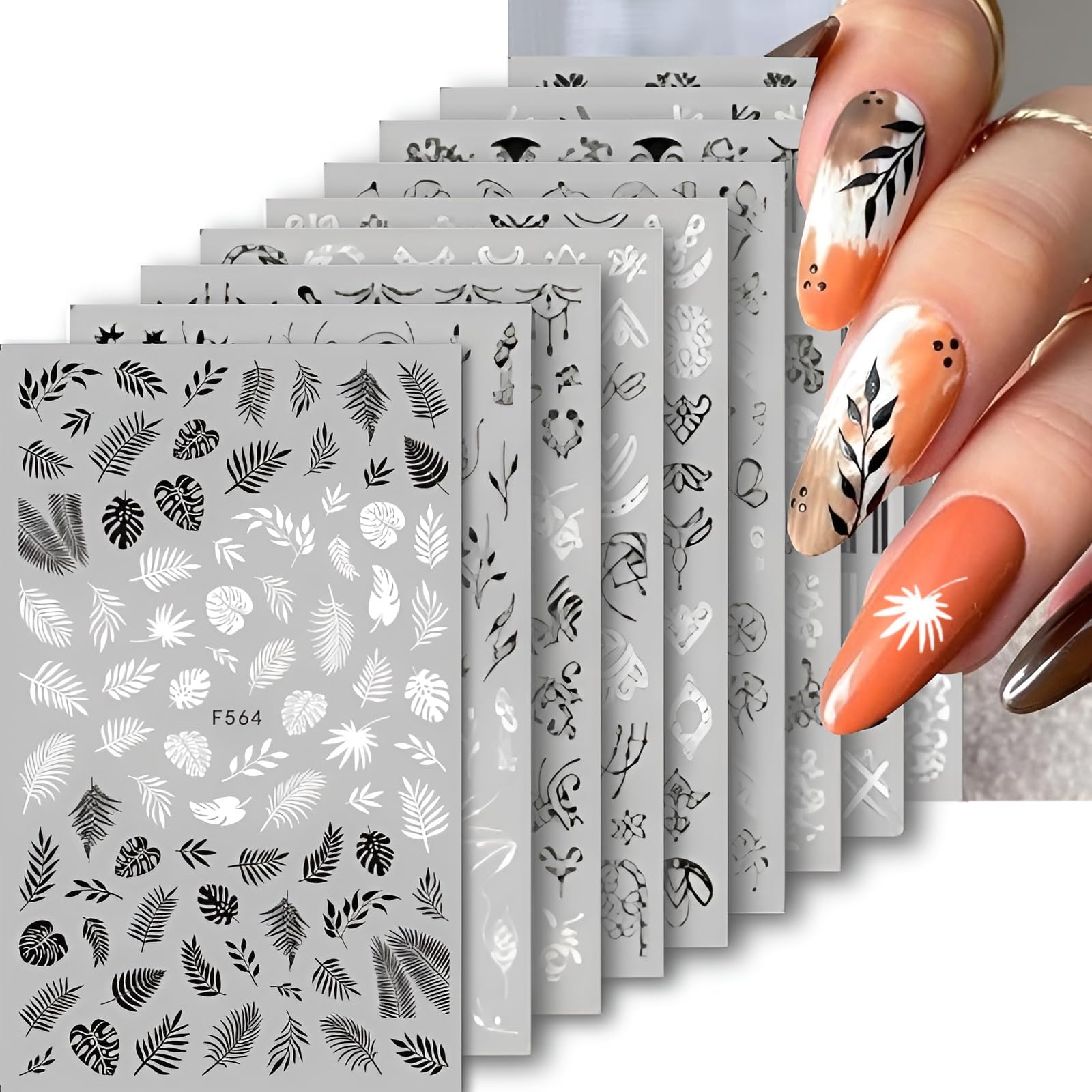 Photo 1 of 10 Sheets White Black Nail Art Stickers Decals 3D Self- Adhesive Black Flower Nail Stickers White Leaf Nail Decals Retro Butterfly Nail Supplies Nail Art Design Decoration Accessories for Women Girls