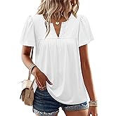 OFEEFAN Womens Summer Tops Boho Short Sleeve Shirts V Neck Fashion Lace Blouses Dressy Casual Flowy Holiday Outfits