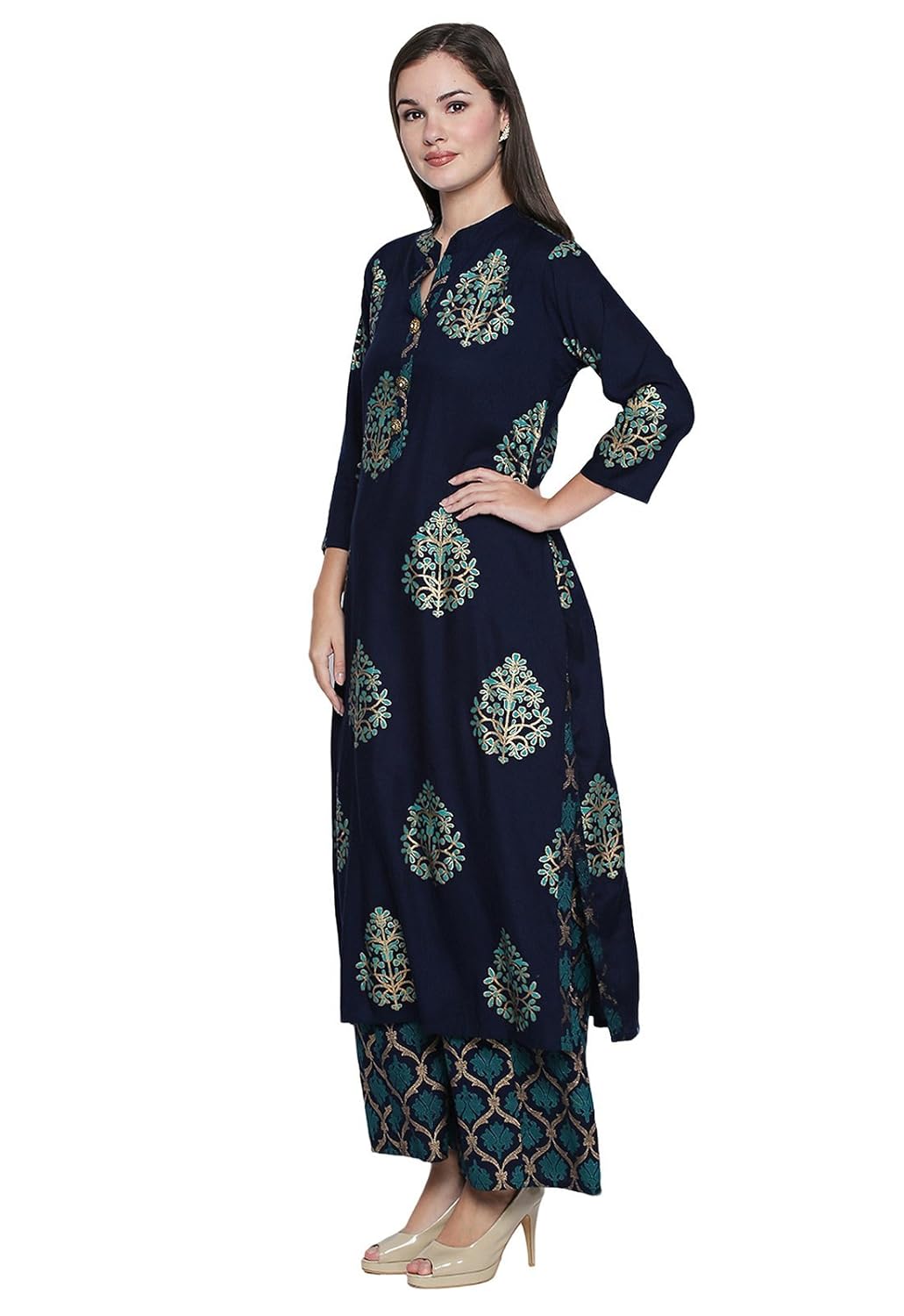 ishin viscose rayon navy blue printed a-line women's kurta & palazzos set
