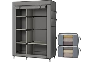 Calmootey Portable Closet, Wardrobe with 6 Shelves and Hanging Rod, Storage Organizer for Bedroom, Non-Woven Fabric Cover wit