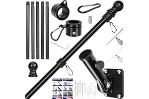 HPGOED Flag Pole Kit, 6 FT Flag Pole for Outside House, with Heavy Duty Holder Bracket, Aluminum Alloy Tangle Free Rings, Thickened Stainless Steel Flagpoles for Residential, Outdoor or Porch, 1 Inch Black