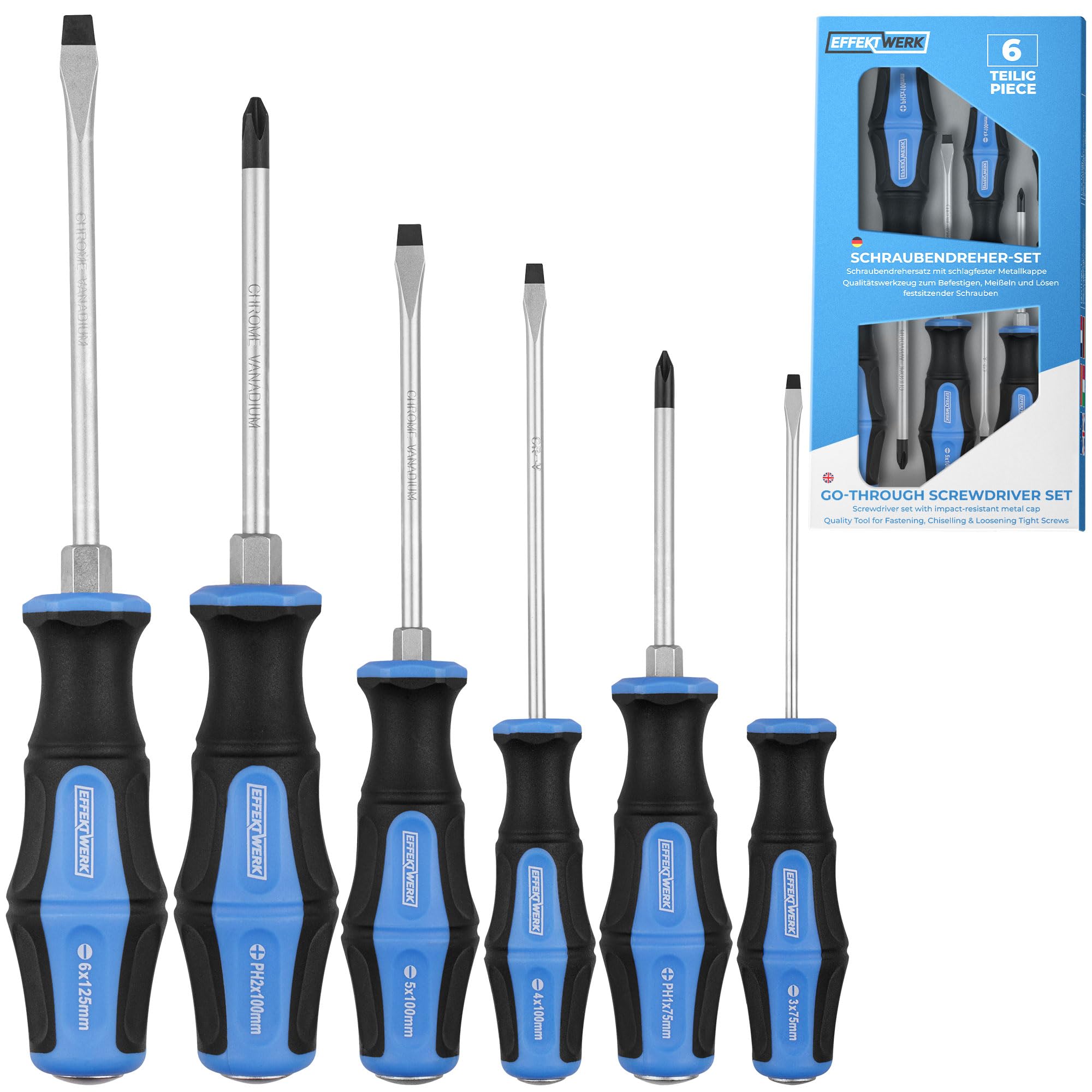 EffektWerk - 6-pc Screwdriver Set w/Tough Metal Caps - 4 Flat Head & 2 Phillips Screwdrivers w/Strong Magnetic Tips & Ergonomic Handles - Multi-Purpose Tool Kit for Household Repairs