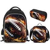 AnySmic Football Backpack for School Boys, Kids Rugby Bookbag 3 in 1 Set with Lunch Box and Pencil Case for Primary and Elementary, 3Pcs Combo Bag with Water Bottle Holder and Compartment