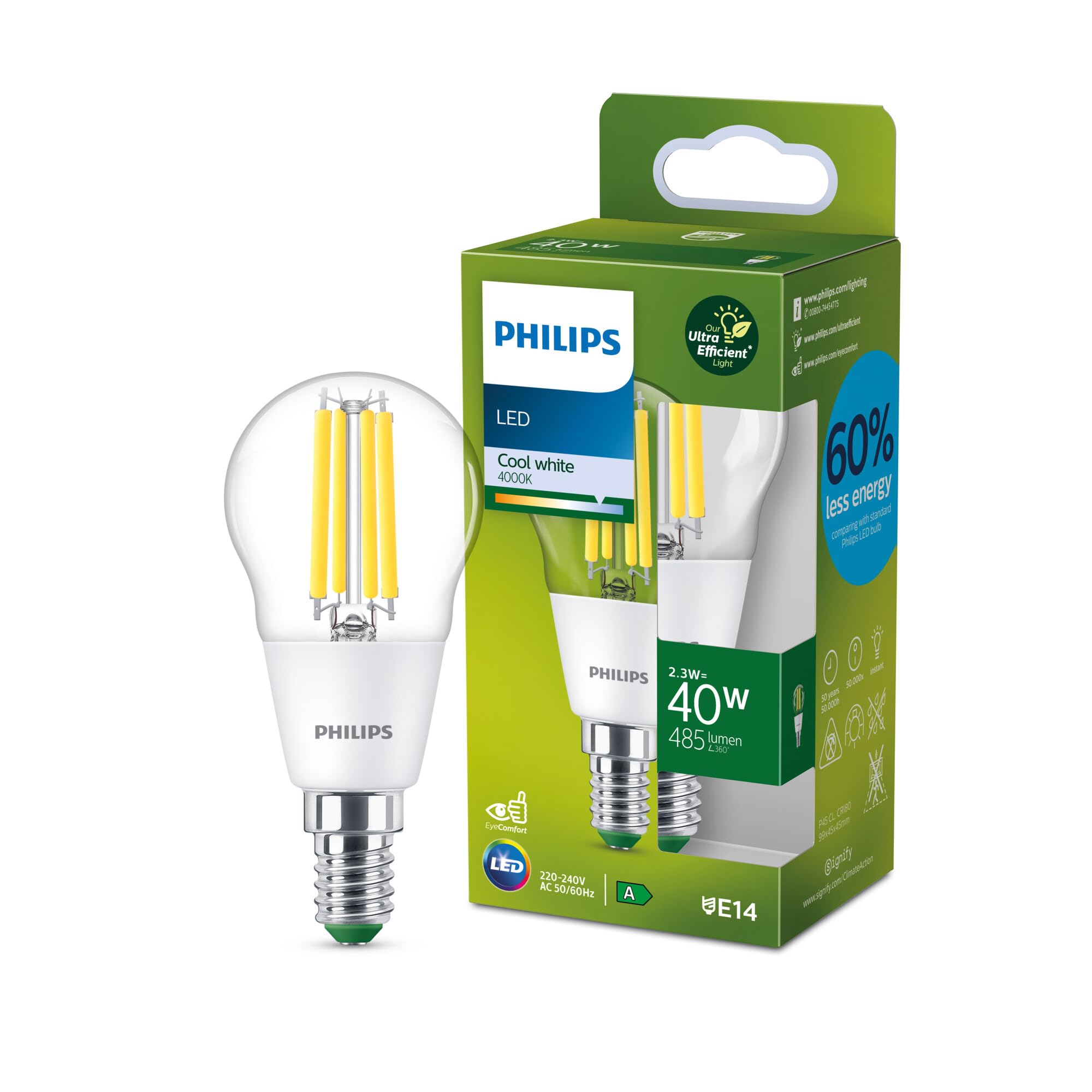 Philips Ultra Efficient - Ultra energy saving lights, LED light source, 40W, P45, E14 Candle Cool White 4000 kelvin, clear — image 1