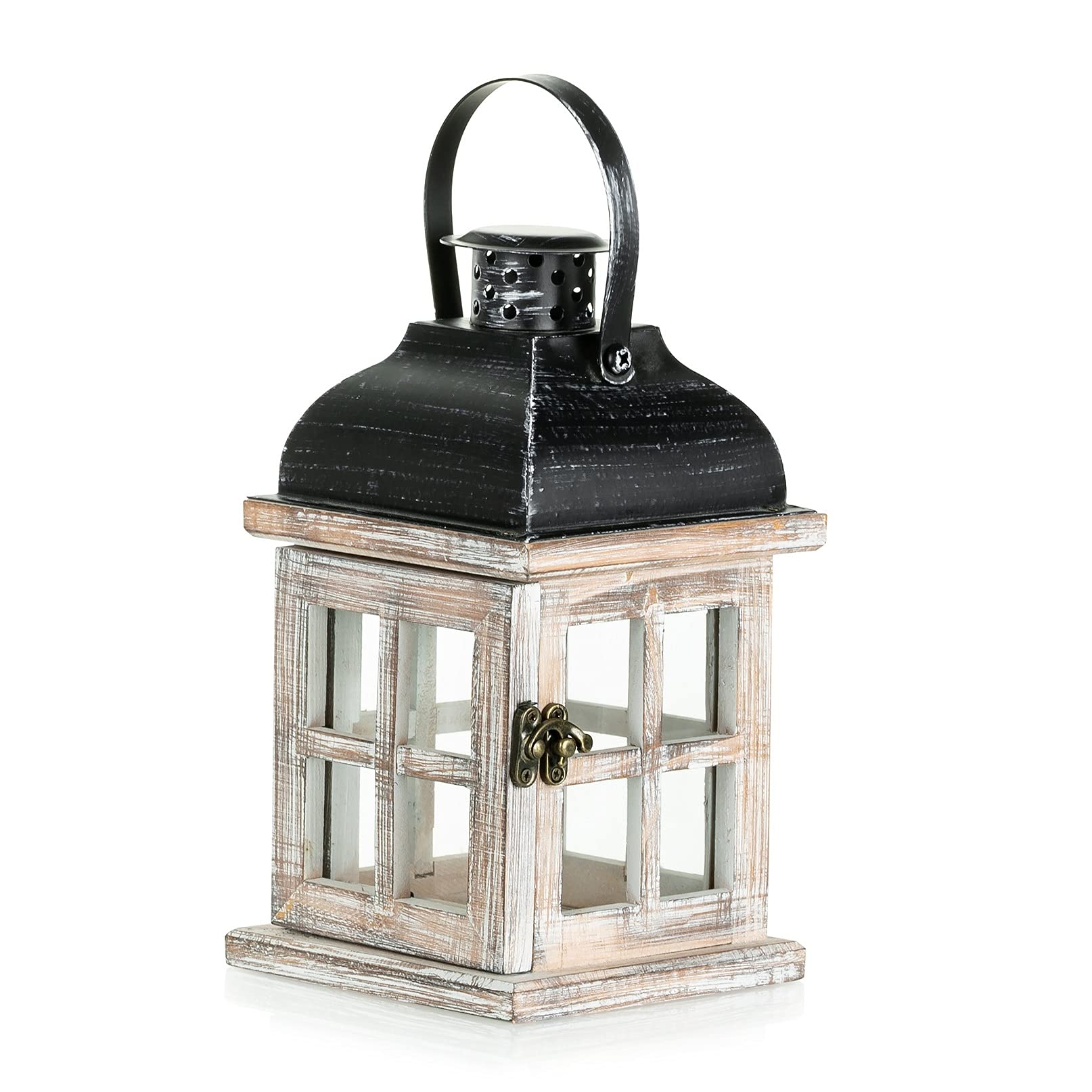 Romadedi Decorative Candle Lantern Wood Rustic - Distressed Wooden Lantern for Farmhouse Home Living Room Shelf Patio Table Decoration Holiday Wedding Party Table Centerpiece, 22cm