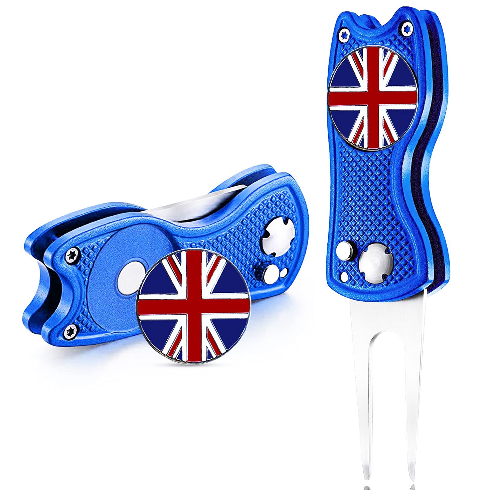 FINGER TEN Golf Divot Repair Tool with Ball Marker Value 2 Pack, Stainless Steel Magnetic Marker Color Red Blue Black Foldable Portable Gifts for Men Women Golfer (Blue Cat-2 Pack)