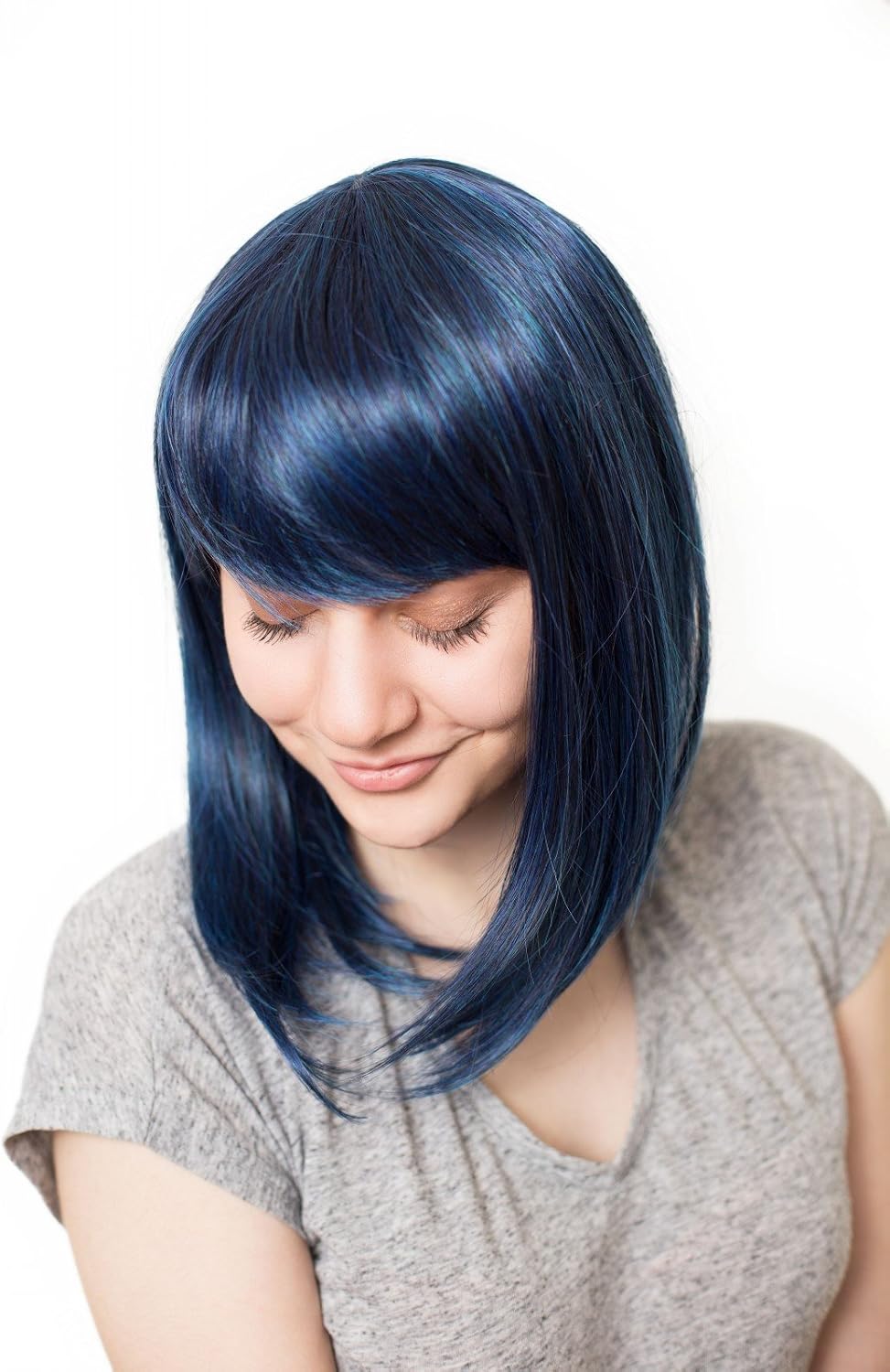 Prettyland matt Natural static-free Straight Wig Mid-Length for Daily Life with Bangs - Dark Blue (black Blue Mixed) C180
