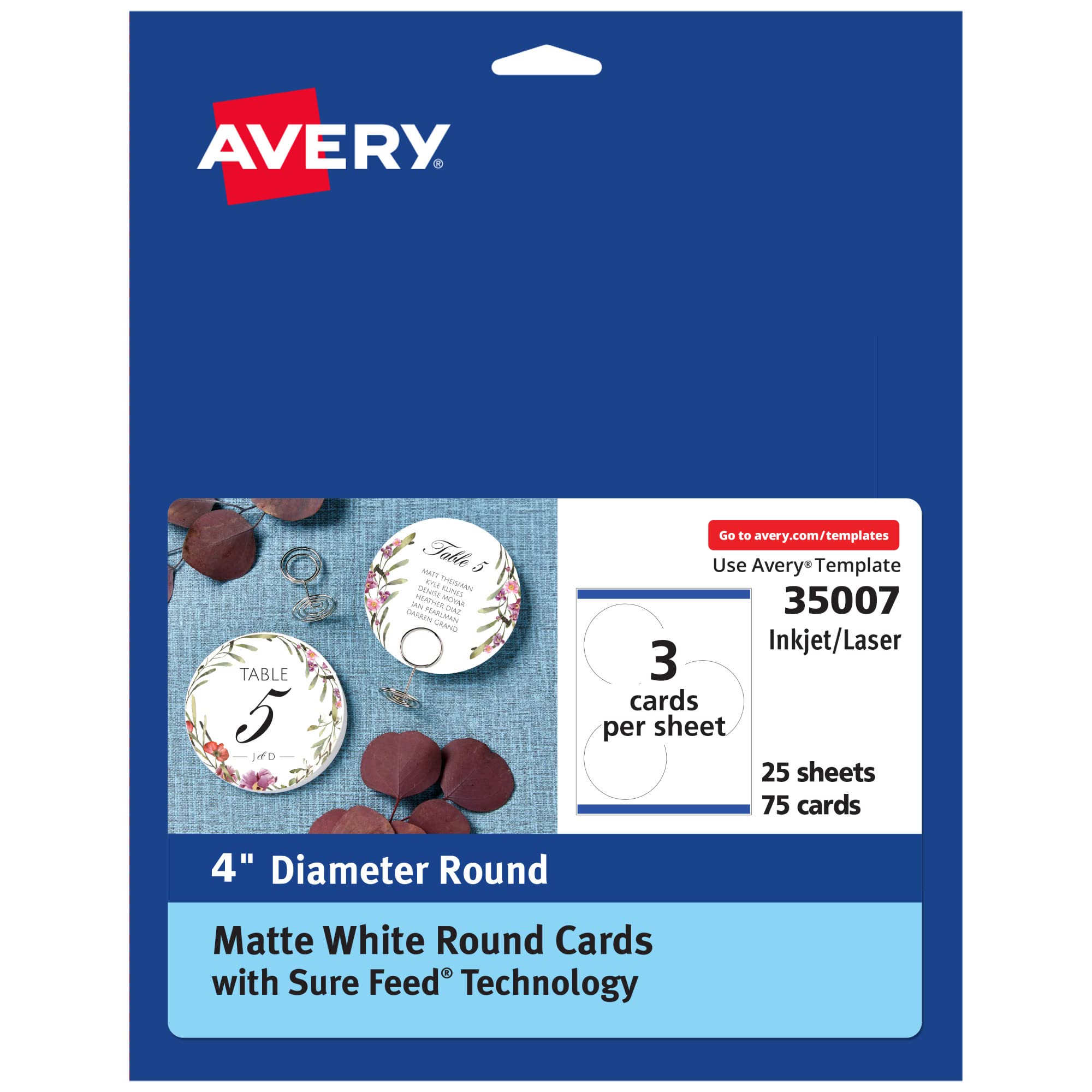 Photo 1 of Avery Round Cards, Sure Feed Technology, 4" Diameter, Matte White, 75 Total, Print-to-the-Edge, Laser/Inkjet Printable (35007)