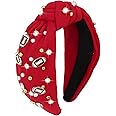 YARIEW Football Headband for Women Pearl Rhinestone Jeweled Knotted Headband Fashion Headband Wide Game Day Sports Hair Accessories Gift for Football Mom Fans Christmas (Red)