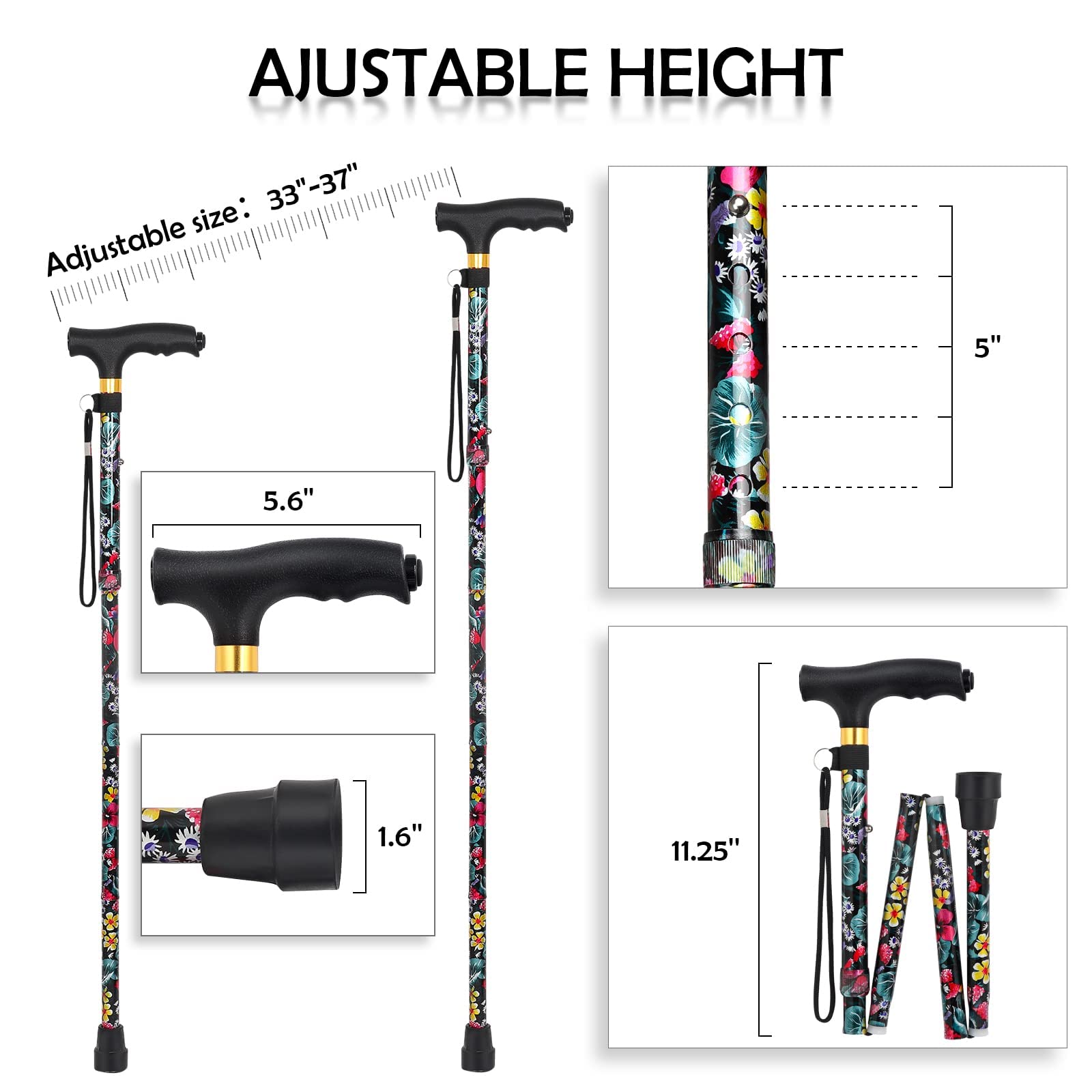 JUNRA Walking Cane with LED Light, Folding Cane for Women and Men, Portable Foldable Cane, Collapsible Aluminium Walking Stick, Lightweight and Adjustable Walking Sticks for Seniors Balance