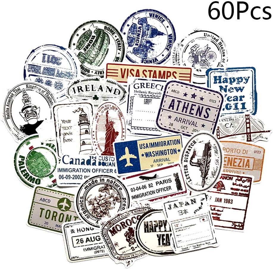 chenpaif 60Pcs Vintage Graffiti Stamps Paper Sticker Travel Hand Account Notebook Phone Case Scrapbook Decorations Retro Gifts Tourism