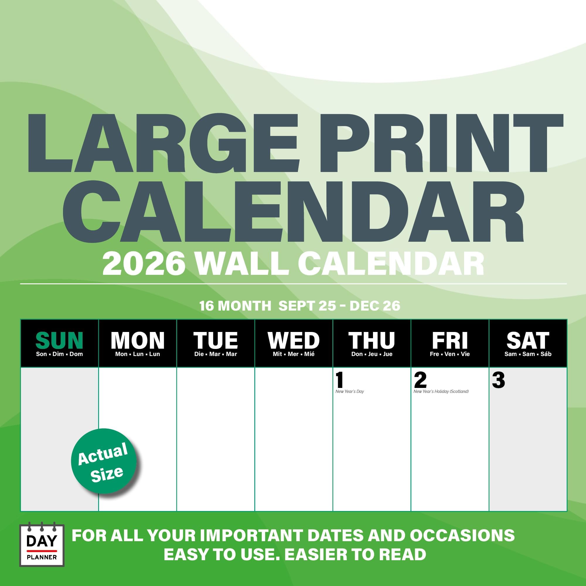 Dayplanner Publishing Large Print Grid Calendar 2026, Large Square Wall 16 Month, Large Print Grid Gift Calendar.