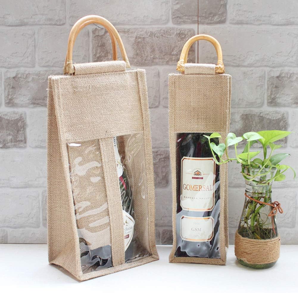Qchomee Wine Bottle Carrier Bags, Rattan Handles Natural Linen Double/Single Bottle Bags For Champagne/Wine Present - Image 3